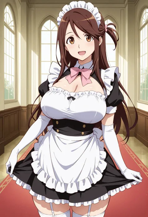 Score_9, score_8_up, score_7_up, source_anime, iida nana, solo, brown hair, long hair, one side up, hair bow, pink bow, brown eyes, large breasts, wide hips, mature female, (best quality), (high quality), {masterpiece}, extremely delicate and beautiful, ul...