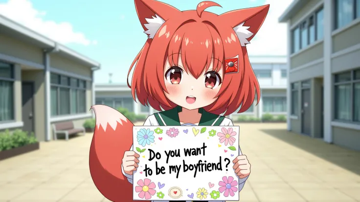 anime style, masterpiece, of incredible quality, high resolution, high resolution, high quality photograph, a pretty furry girl in a red fox, school uniform clothing, Red fox ear,  fox tail color red, Which has a sign adorned with flowers and hearts that says "Do you want to be my boyfriend?". stares at us intently from the front, with a seductive smile, Daylight, Schoolyard Background, Anatomically correct,