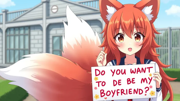 anime style, masterpiece, of incredible quality, high resolution, high resolution, high quality photograph, a pretty furry girl in a red fox, school uniform clothing, Red fox ear,  fox tail color red, Which has a sign adorned with flowers and hearts that says "Do you want to be my boyfriend?". stares at us intently from the front, with a seductive smile, Daylight, Schoolyard Background, Anatomically correct,