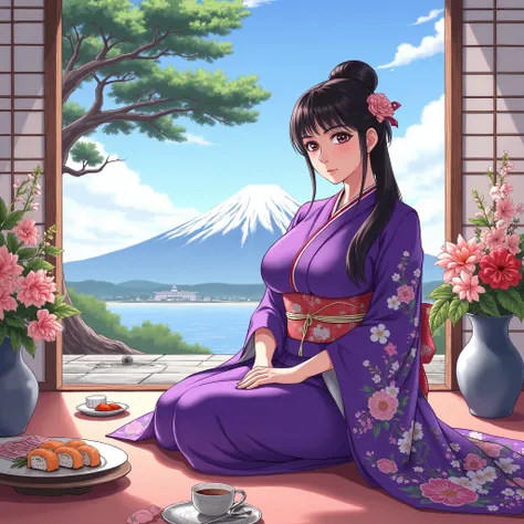 illustrations、Anime、A beautiful 35 year old woman is sitting、 Purple Kimono 、Japanese Women、Japanese-style room、pine tree、meters. Fuji、 Beautiful flowers in a vase 々 、Japanese floral fan、 the woman has big breasts 、Japanese tea、Sushi、