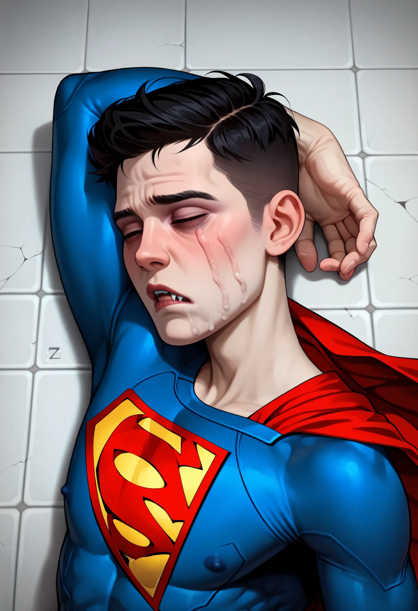 ((White background )) , rathing_questionable , solo MAN (1man) , 40 years old , black short hair , blue body suit Superman ((Superman costume:1.2)) ,((very skinny:0.9)) (((very thin:1.4))) ,((Very weak)) , very gaunt (emaciated) very thin, Dizzy, weak, (De...