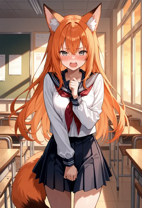 Score_9, score_8_up, score_7_up, source_anime, 1 fox girl, solo, fox ears, fox tail, long hair, orange hair, grey eyes, (best quality), (high quality), {masterpiece}, extremely delicate and beautiful, ultra-detailed, beautiful detailed eyes, serafuku, scho...