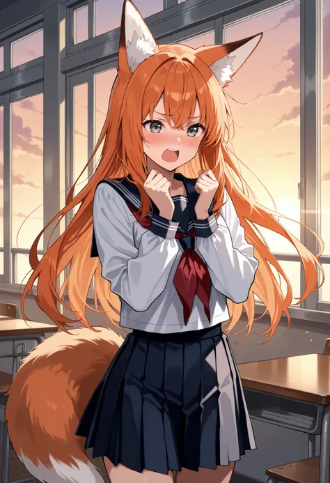 Score_9, score_8_up, score_7_up, source_anime, 1 fox girl, solo, fox ears, fox tail, long hair, orange hair, grey eyes, (best quality), (high quality), {masterpiece}, extremely delicate and beautiful, ultra-detailed, beautiful detailed eyes, serafuku, scho...