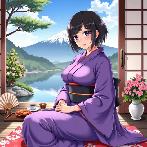 illustrations、Anime、A beautiful 35 year old woman is sitting、 Purple Kimono 、Japanese Women、Japanese-style room、pine tree、meters. Fuji、 Beautiful flowers in a vase 々 、Japanese floral fan、 the woman has big breasts 、Japanese tea、Sushi、