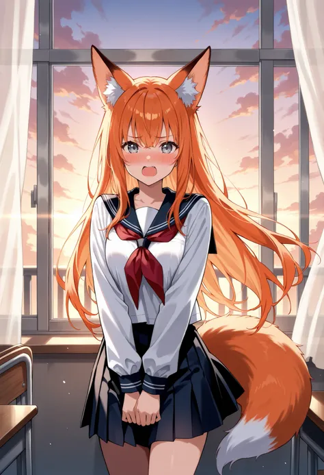 Score_9, score_8_up, score_7_up, source_anime, 1 fox girl, solo, fox ears, fox tail, long hair, orange hair, grey eyes, (best quality), (high quality), {masterpiece}, extremely delicate and beautiful, ultra-detailed, beautiful detailed eyes, serafuku, scho...