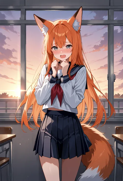 Score_9, score_8_up, score_7_up, source_anime, 1 fox girl, solo, fox ears, fox tail, long hair, orange hair, grey eyes, (best quality), (high quality), {masterpiece}, extremely delicate and beautiful, ultra-detailed, beautiful detailed eyes, serafuku, scho...