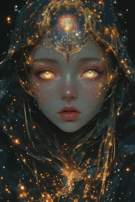 A close portrait of a beautiful woman created from celestial energy, ethereal beauty, an intricately detailed hood, detailed eyes, she looks like she is about to tell the secrets of the universe. 