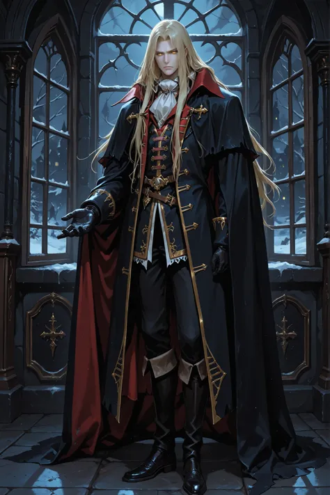 1boy, alucard (castlevania), long hair, yellow eyes, fair skin, cape, ascot, black gloves, black pants, coat, in the castle, torches, standing, near the window, night, cold look, closed mouth, thoughtful, looking at the viewer, cold, best quality, masterpi...