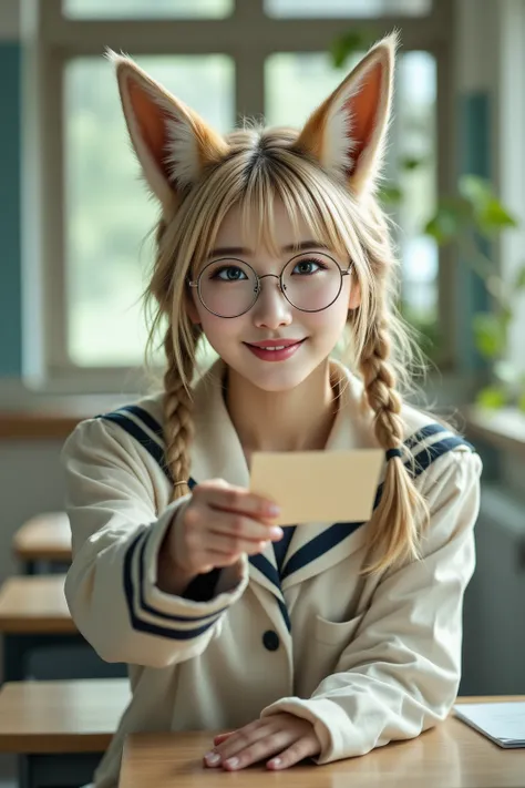 cute,1 person,Focus、face、The golden ratio,A high school student with fox ears is about to hand over a letter、highly detailed, ultra high resolution, 8k, photo-realistic, DSLR photo, natural lighting, sharp focus, cinematic lighting, realistic skin texture, She is a beautiful Japanese girl、fox ear、Blonde、bangs、back hair braids left and right、Unframed Round Glasses、shy smile、tall, model figure、long legs、 beige sailor suit with knife in hand 、I'm sending you a letter、Photorealistic style, Evening School Classroom、Focus on the face and pussy