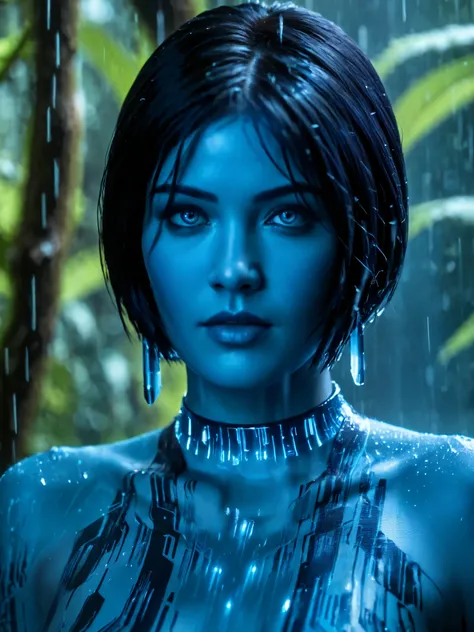 (cinematic film still of  Cortana Halo a woman ). ((Wearing eyeglasses, eyewear)) . ((Hair in a high bun, hair bun    , hair with bangs)). (( blue eyes)). (( inflated breasts)),. (midriff). futuristic. blue. glowing skin. blue skin pattern, tattoos.  . dep...