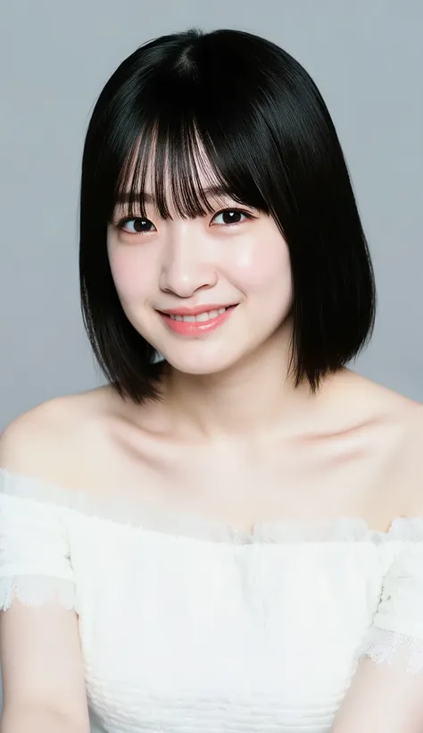 Konnagi,The high resolution photograph of a young Japanese female idol named nagisa, solo, 1girl, wearing a white off-shoulder dress, face focus, close-up of face, looking at the camera, short black hair with blunt bangs, pale skin, detailed face, detailed...