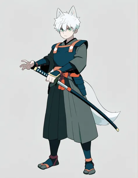 1guy, Boy, fox boy, fox eyes, fox tail, one tail, (white hair), short hair, green eyes, samurai clothing, samurai armor, no helmet, standing, full body:1.5, Ready for battle, katanas in both hands, holding katanas, ready for combat, (Simple light gray back...