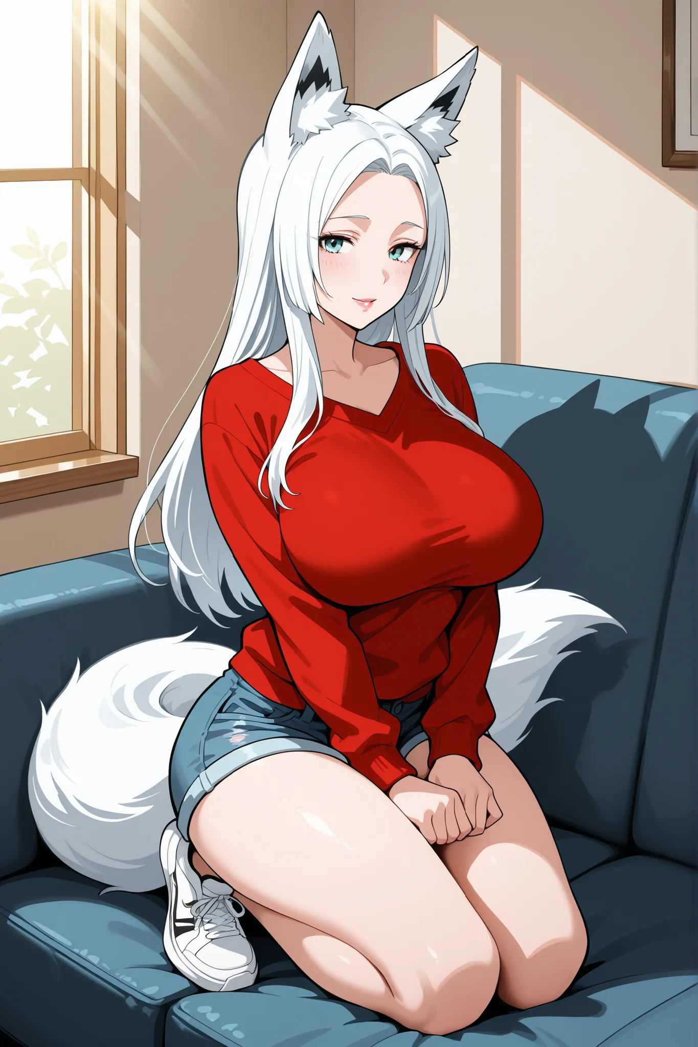 mature female, housewife, fox ears, fluffy fox tail, voluptuous body, naughty, white hair, long hair, straight hair, long sleeve sweatshirt, short denim shorts, beautiful women's sneakers, kneeling in front of a man, natural, milf, soft light, high detaile...