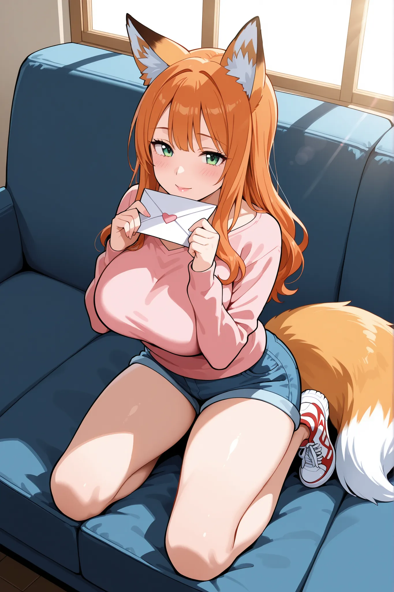 mature female, housewife, fox ears, fluffy fox tail, voluptuous body, naughty, orange hair, long hair, straight hair, long sleeve sweatshirt, short denim shorts, beautiful women's sneakers, kneeling in front of a man, natural, milf, soft light, high detail...