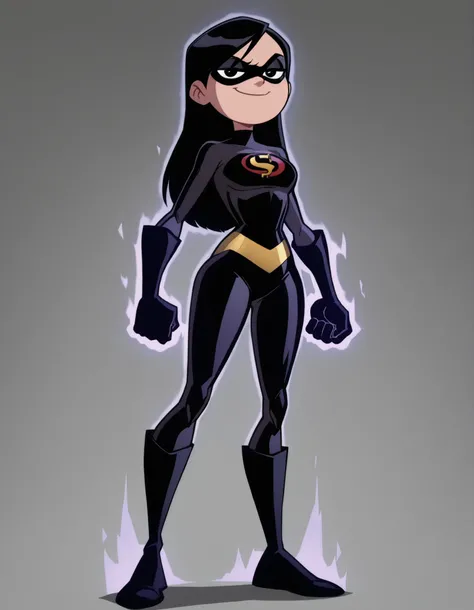 1girl, solo, superheroine, violet parr from The Incredibles, black bodysuit, medium breast, full body, looking at viewer, thick thights, skin tight bodysuit, black knee high boots, black longue elbow gloves, Full Body:1.5, Black hair, long hair, straight h...