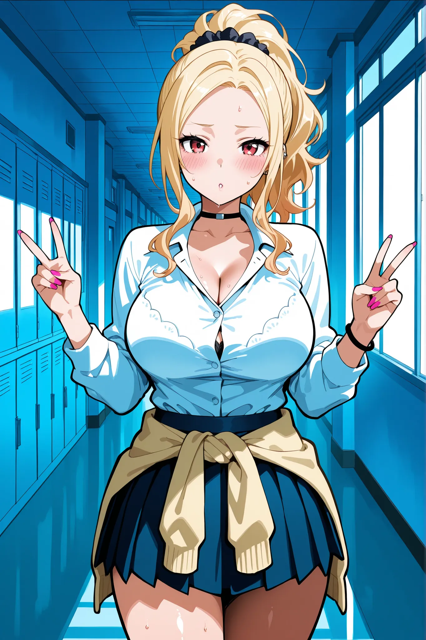 stylish gyaru, blonde gyaru hair, high ponytail, red eyes,、tied hair、white blouse, long sleeves, buttons, bra, pleated skirt, sweater tied at waist、、masterpiece、newest、lively、is very aesthetic、high contrast、((higheSt quality, maSterpiece))、Mature Woman、cut...