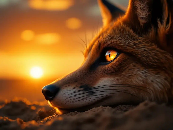 Wildlife photo art. Close-up of the face of a lying desert fox Fenech. Set against a stunningly beautiful sunset in the desert, shot in the style of Josh Adamski. sharp focus on the reflection of the setting sun in the eye.  details. Photo winner of the wo...