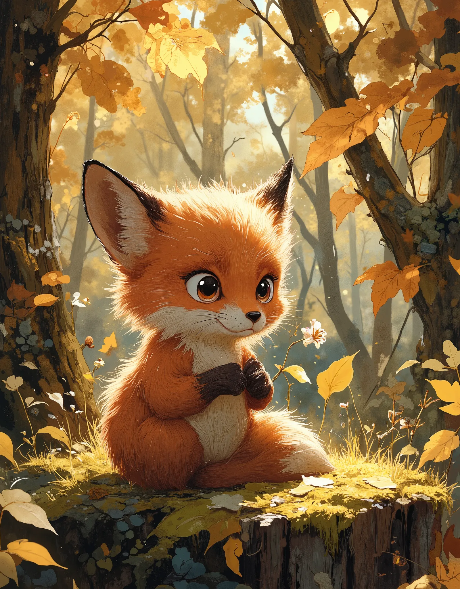 A shy little fox with fluffy fur and big, expressive eyes sits on a mossy stump in an enchanted autumn forest. Golden leaves float in the air, and soft sunlight filters through the trees. The fox holds a small flower in its paws, looking slightly nervous a...