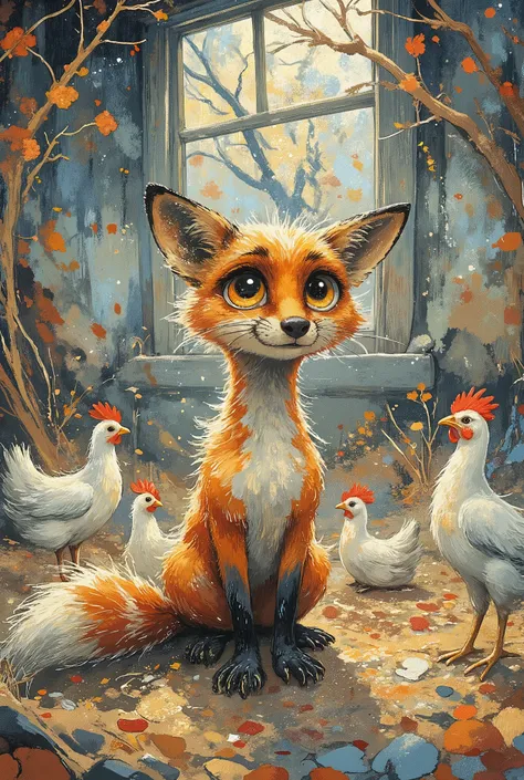 Artistic illustration with acrylic paints. A sly red fox with fluffy fur and big expressive sparkling eyes sits in a chicken coop and talks to the chickens. Chicken fluff and feathers are swirling around the fox. Soft sunlight shines through the cracks. Ch...