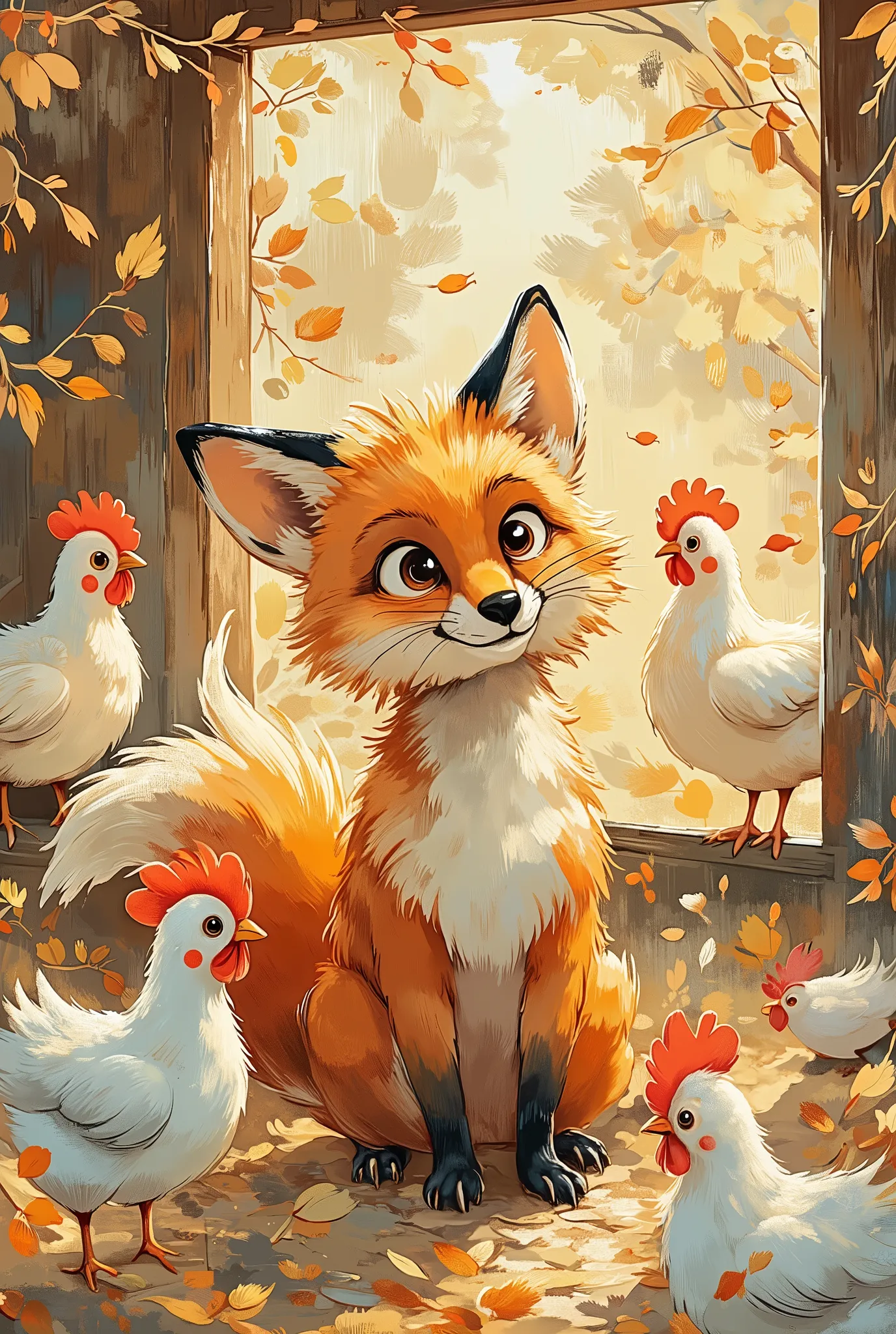 
Artistic illustration with acrylic paints. A sly red fox with fluffy fur and big expressive sparkling eyes sits in a chicken coop and talks to the chickens. Chicken fluff and feathers are swirling around the fox.  Soft sunlight shines through the cracks. ...