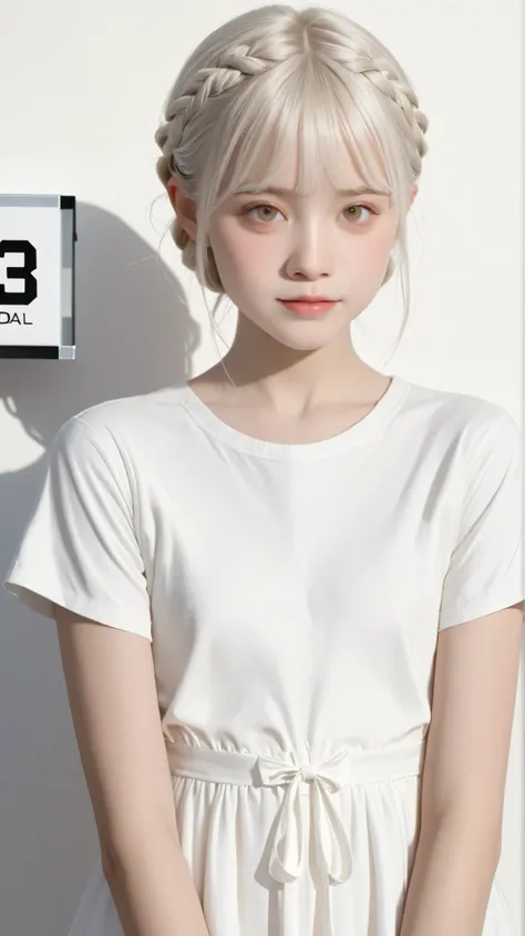 (((white background:1.3)))、((( 1 Albino Girl 、cute face、cute girl))), (((teenager))) ,(((light brown eyes :1.3)))、French Braid、white dress、((white shirt:1.3、white block dress)),  tyndall effect , realistic, Shadow Studio,Ultramarine, Picture, high resoluti...