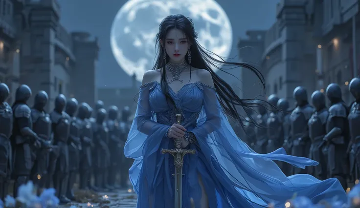 A Japanese woman is sticking a sword on the ground,  The composition is her whole body, She is wearing a fantasy armor over her dress, She is wearing a  Takebe Motoichiroh style sexy transparent dress, The dress color is blue, The dress has bare shoulder, ...