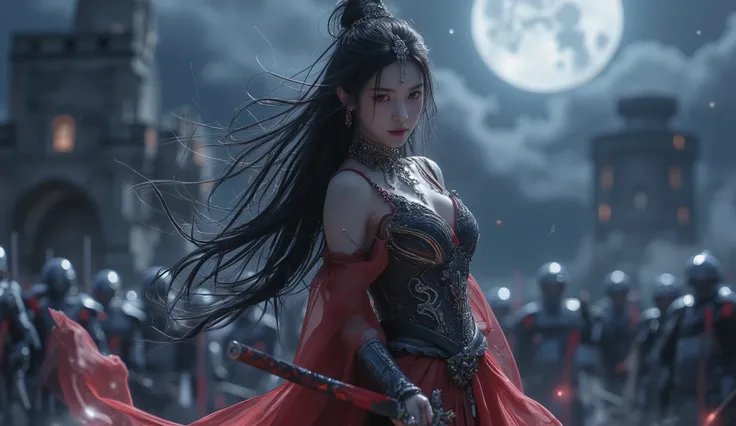 A Japanese woman is sticking a sword on the ground,  The composition is her whole body, She is wearing a fantasy armor over her dress, She is wearing a  Takebe Motoichiroh style sexy transparent dress, The dress color is red, The dress has bare shoulder, S...