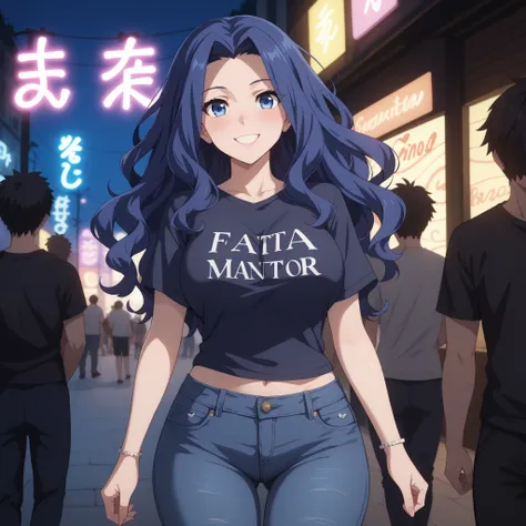 Melty Q Melromarc 24 years old, SeaArtai masterpiece,  loose hair. detailed blue eyes ,smile, blush, curvy figure and big breasts, black t-shirt, short denim pants , highlighting her silhouette. .Background an electronic party at night, fiesta. neon lights...