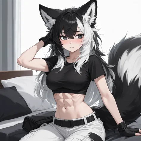 woman, KITSUNE ears and tail, black and white colored hair, white and black eyes, black t-shirt, white combat pants, buff, abs, black gloves, hottie, slight blush, black bedroom background, digital anime style