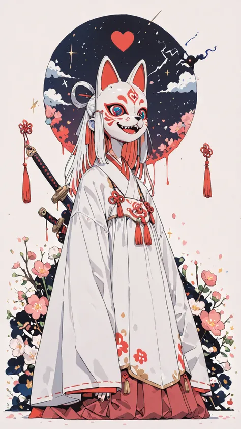 (((Little Fox Confessions, Heart motif, 💕))), (((very simple configuration, Simple art,  Wabi Sabi Art ))), Silent Night , Thin dark space,Woman wearing a fox mask, White Fox Mask, Traditional Mask, Child Woman, Shrine in the mist, From shadow and darkness...