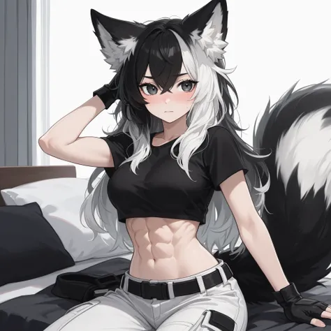 woman, KITSUNE ears and tail, black and white colored hair, white and black eyes, black t-shirt, white combat pants, buff, abs, black gloves, hottie, slight blush, black bedroom background, digital anime style