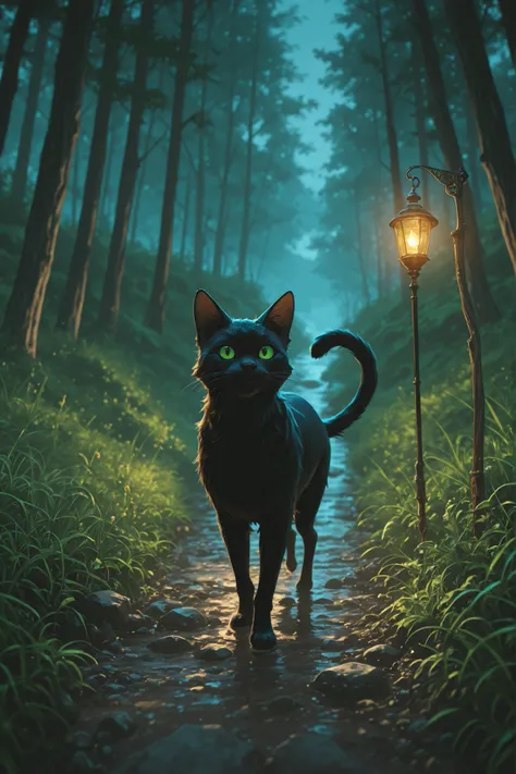 Cinematic Frame, ,  quality photo,  studio photo, , very detailed, high budget, , cinemascope, melancholic, epic, masterpiece high resolution excellent quality , a green-eyed black cat , runs along a forest path , Next to a grey-eyed fox, it's night and th...