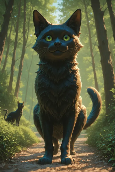 Cinematic Frame, ,  quality photo,  studio photo, , very detailed, high budget, , cinemascope, melancholic, epic, masterpiece high resolution excellent quality , a green-eyed black cat , runs along a forest path , Next to a grey-eyed fox, it's night and th...