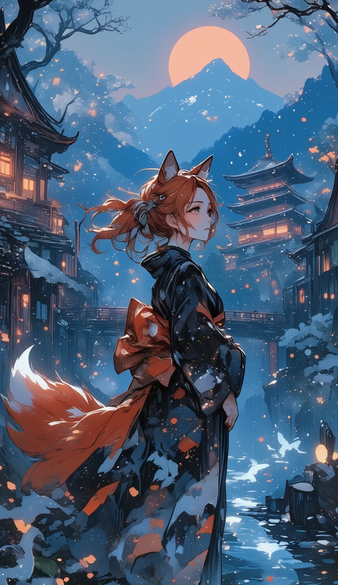 Against the backdrop of an ancient Japanese temple, shrouded in fog, stands a fox girl with silky red hair, in which silver ribbons twinkle. Her golden eyes glow like two tiny suns, and behind her back five fluffy tails gently sway, leaving traces of spark...