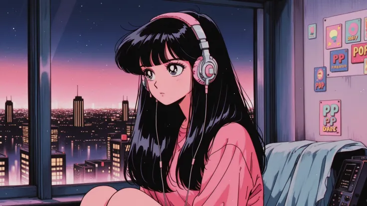 retro, city pop, 1girl, solo, blac hair, window, long_hair, headphones, black eyes, bangs, night, pink shirt, city lights, cityscape, upper body, sky, indoors, blunt bangs, building, sitting, shirt, looking outside