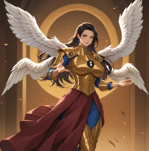 masterpiece、high quality、high quality de imagen、detailed face, detailed fingers, (masterpiece), ( perfect for everyone ),1woman, black hair, long hair, Green eyes, Green eyes, armor, Ángeles Alas , 4 wings, long sleeves, ben10 blue sleeves, Insignia, 5 fi...