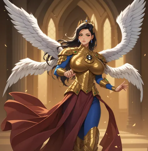 masterpiece、high quality、high quality de imagen、detailed face, detailed fingers, (masterpiece), ( perfect for everyone ),1woman, black hair, long hair, Green eyes, Green eyes, armor, Ángeles Alas , 4 wings, long sleeves, ben10 blue sleeves, Insignia, 5 fi...