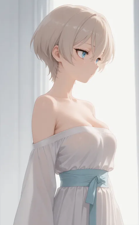 masterpiece, newest, Best Resolution, HD Quality, good lighting, safe. beautiful, adult, anime, good anatomy, , adorable. beige hair , Short hair below the shoulders. sky blue eyes, dark eyelashes, piel clara, slim build, Medium Breasts Size D.  She is 18 ...