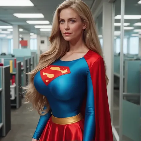 Charlize Theron dressed as Supergirl. Her long blonde hair flows freely in the breeze.