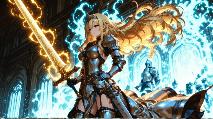 Very Delicate Blonde Girl,Knight, has a sword ,Extremely Delicate CG Unity 8K Wallpaper,Upload a person ,chanting magic in a flashy manner,splash,like CG wears a blue aura, showing great skill,Visual visual beauty,like the picture,top quality