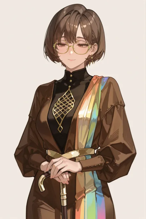 womanhood,Brown Short Hair,25 years old,Wear a colorful dress,gold-framed glasses,Round Face,brown eyes,soft expression,Holding a cane, nobility, no background