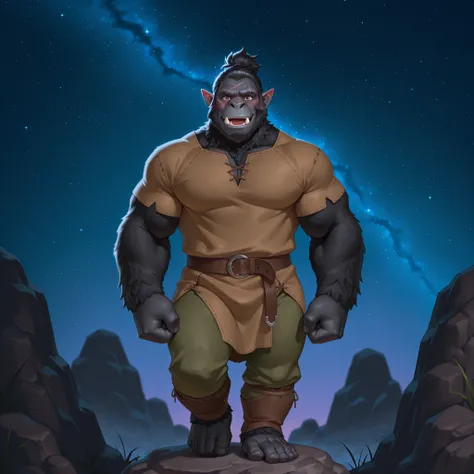 masterpiece, best quality, high resolution, gorilla, muscular male, bara, 1boy, solo, black fur, dark brown demon eyes, dark grey skin, wrinkly skin, black fur, gorilla nose, large nose, upper body, looking at viewer, (((droopy long pointed elf ears))), (k...
