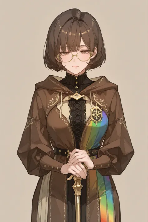 womanhood,Brown Short Hair,25 years old,Wear a rainbow-colored dress,gold-framed glasses,Round Face,brown eyes,soft expression,Holding a cane, nobility, no background