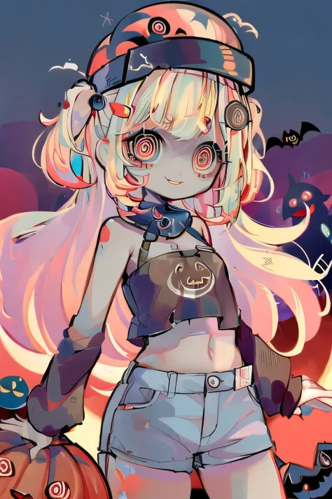 beautiful, beautiful,Alone, A girl,small , smile,floating hair, blonde hair color ,, ghost, blue skin color ,Red Eyes,bright red eyes,Big eyes, damaged clothing,short top,shorts,at night, red moon in the sky ,outside,city, smile,reventar,Halloween Style,