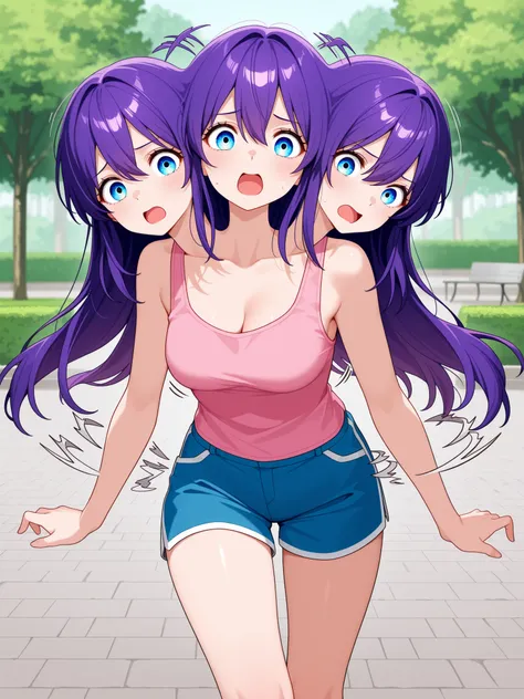 three heads, anime girl with three heads, long purple hair, aquamarine eyes, open mouth, alarmed, panicky, falling over forward, arms flailing, pink tank top, blue shorts, park