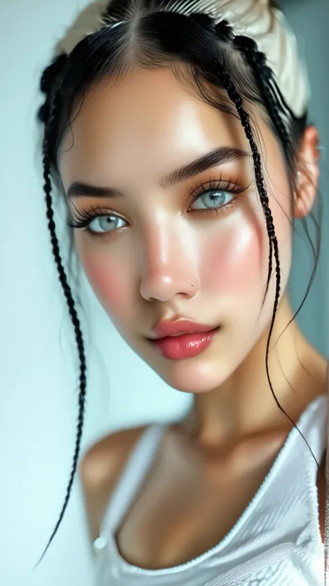 A young woman with a light blonde complexion, approximately 20 years old, poses against a plain, light gray background.  She has long, light blonde dreadlocks styled in a high bun. Her makeup is natural, with defined eyebrows, subtle eyeshadow, and nude li...