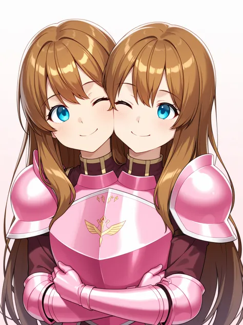 two heads, anime pink knight with two heads, long brown hair, blue eyes, no helmet, one eye open and one eye closed, hugging herself, smiling, closed mouth, cheeks pressed together, victory pose