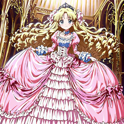 1990’s style anime,A Cute Princess, she is smiling,((pink Silk Satin Victorian big Ball Gown Dress.:1.0)),baby face,short tall,long sleeves,The dress is decorated with lots of frills and ribbons., blond wave Long hair that reaches down to the waist,They ar...