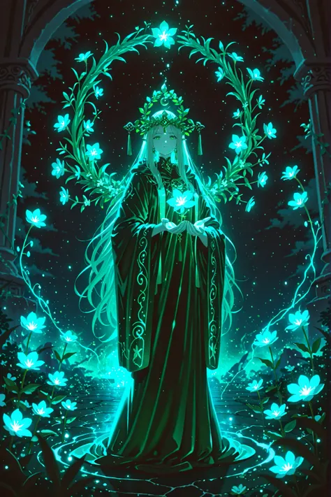Dream Flower Girl,The skin is like jade,The headpiece is a crystal flower crown,The costume is a natural magic robe composed of vines and feathers,The hands surround floating flowers and magic particles,The background is a mysterious aura and a floating te...