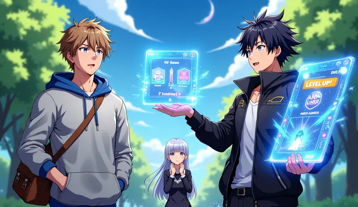 Anime-style illustration with vibrant colors and a high-energy game-like atmosphere. In the foreground, three characters are depicted during a dramatic moment of contrast in power: Left side — a 25-year-old young man with short light brown hair, wearing a ...
